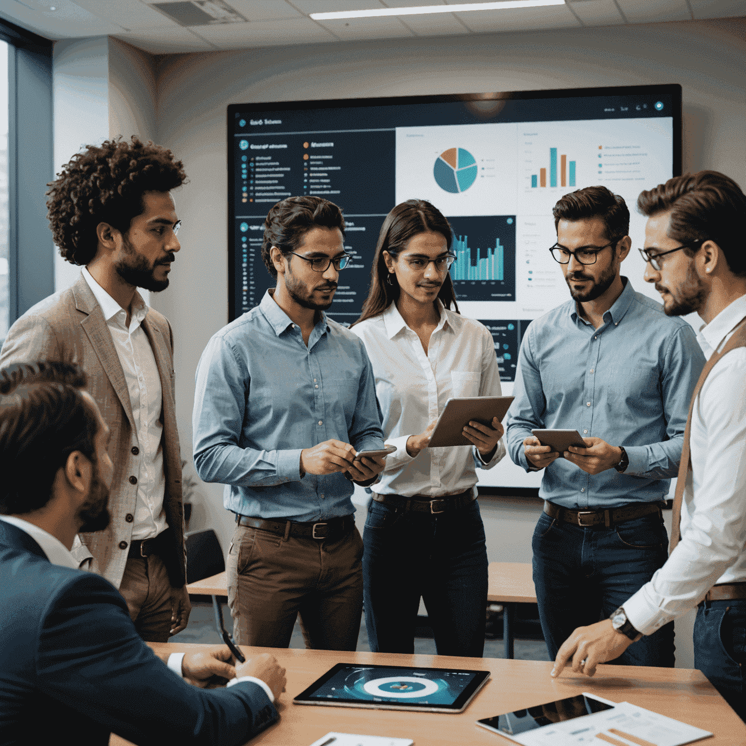 Equipo diverso de profesionales mexicanos colaborando en una sala de conferencias, utilizando herramientas de IA en tabletas y pantallas interactivas