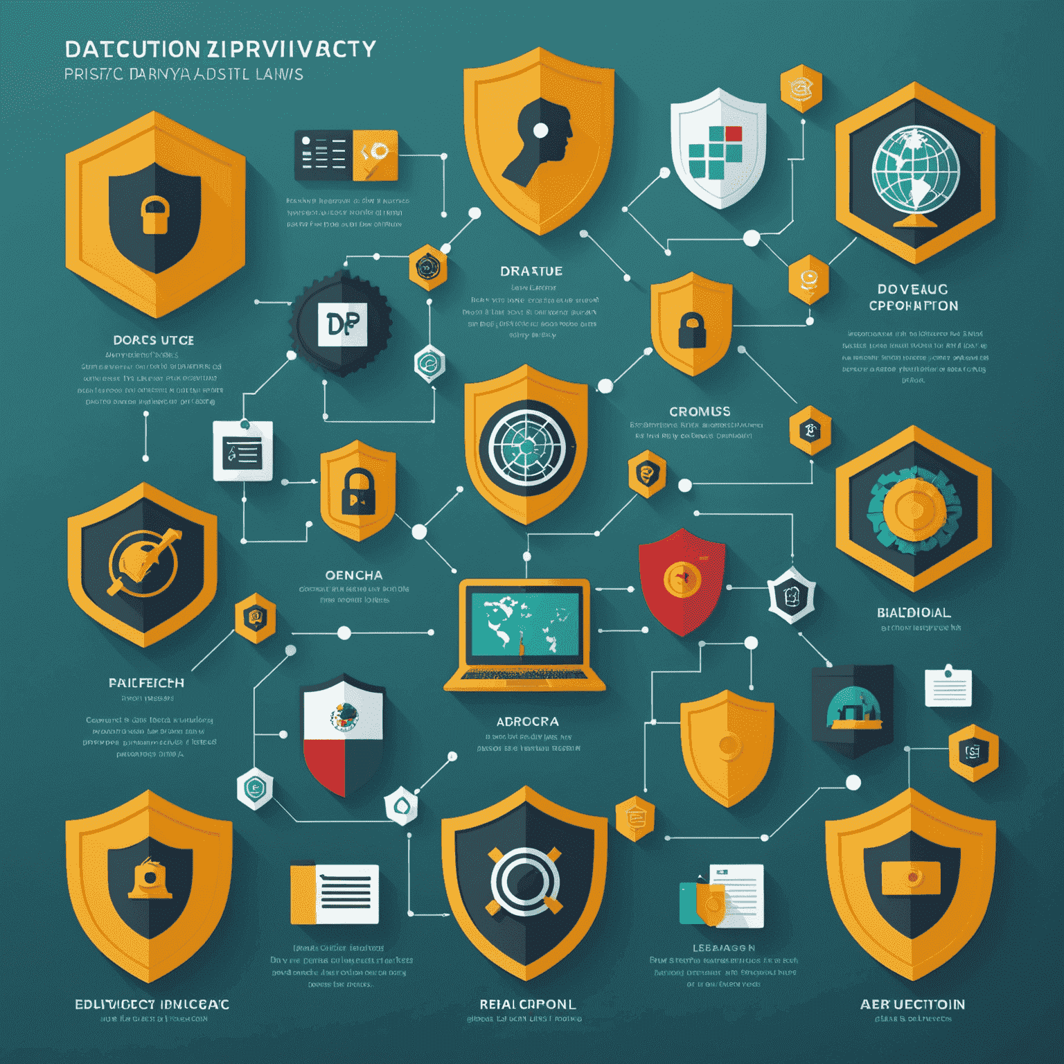 Infografía que muestra la evolución de las leyes de privacidad de datos en México, con iconos de IA y escudos de protección